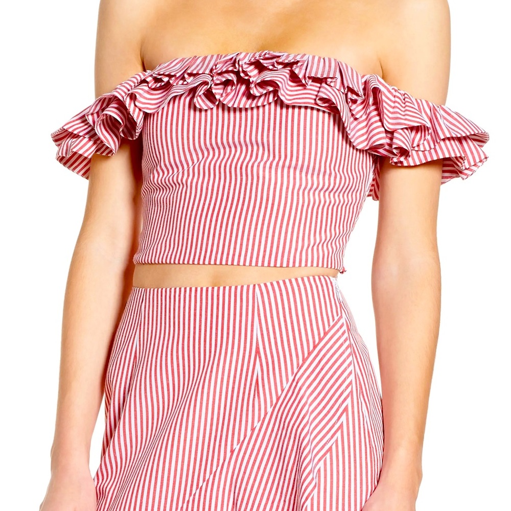 Red & white striped, ruffled crop top.